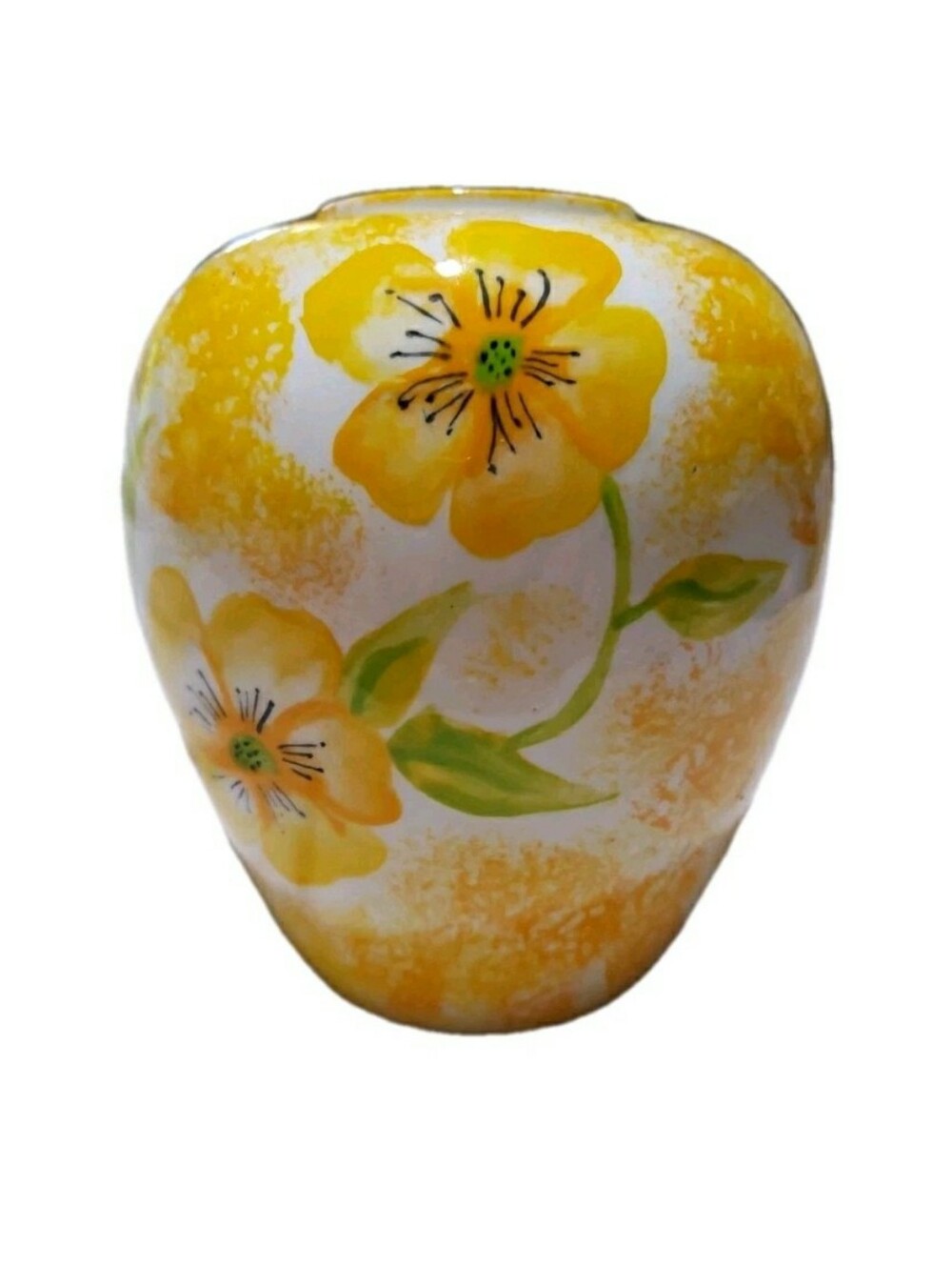 Vtg Hand Painted Vase White Yellow Floral Sponge Artist Signed